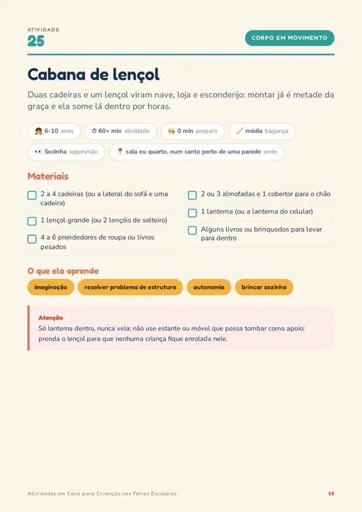 Página da ficha Cabana de lençol com materiais ilustrados