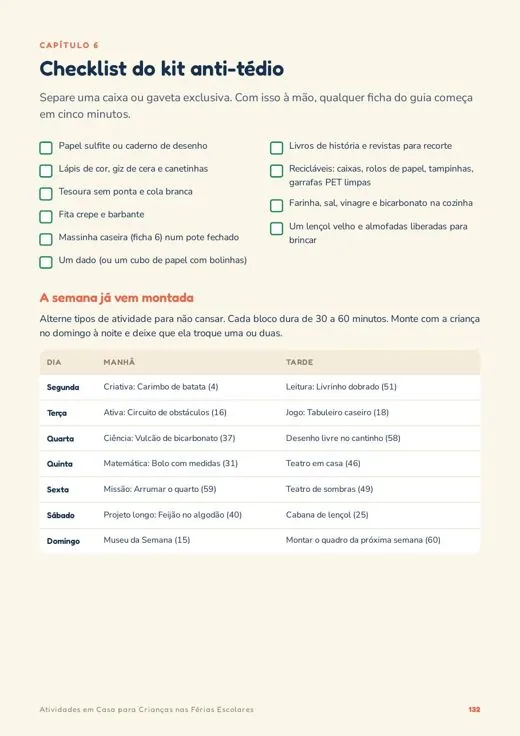 Página com checklist do kit e cronograma da semana