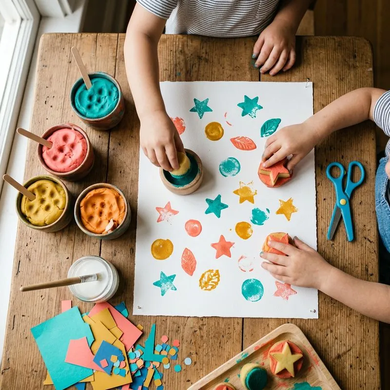 Mãos de criança carimbando com esponja e batata sobre papel, ao lado de massinha caseira colorida